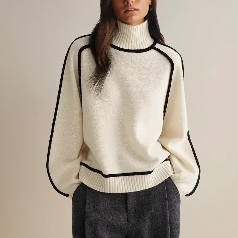 Women's Turtleneck Sweater with Contrast Border
