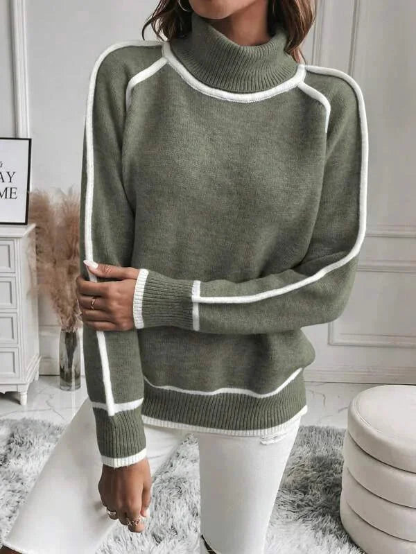 Olive Turtleneck Sweater for Women with White Accents