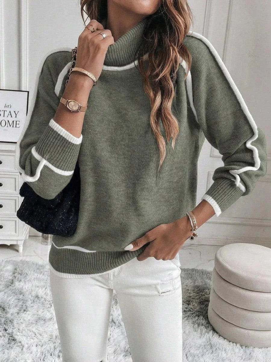 Olive Turtleneck Sweater for Women with White Accents