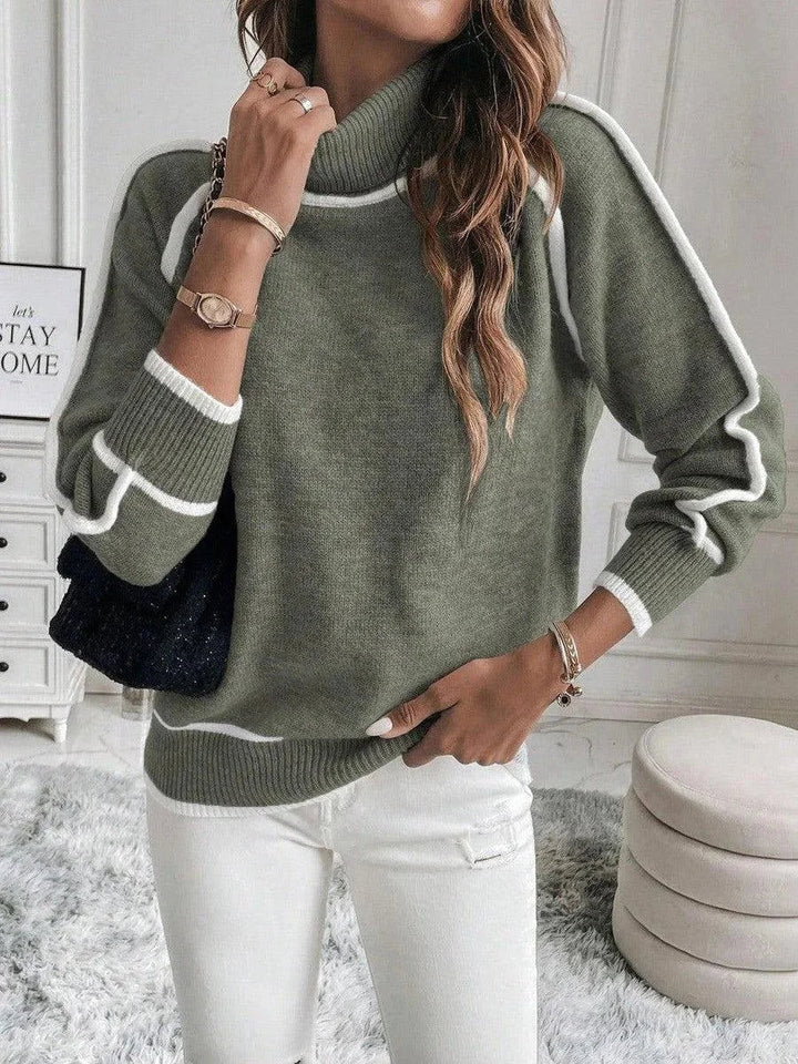Olive Turtleneck Sweater for Women with White Accents