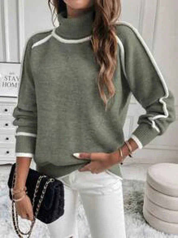 Olive Turtleneck Sweater for Women with White Accents