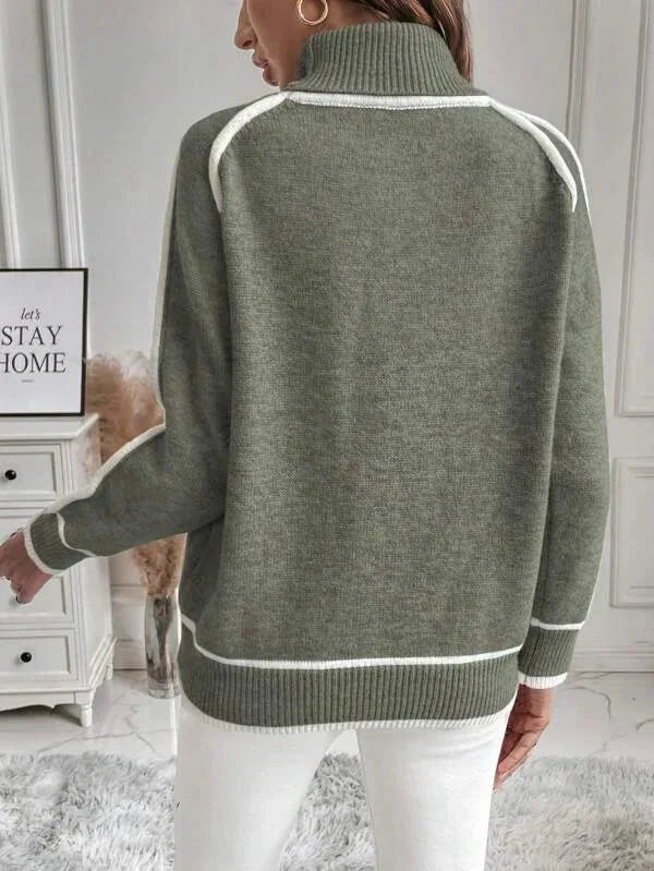 Olive Turtleneck Sweater for Women with White Accents