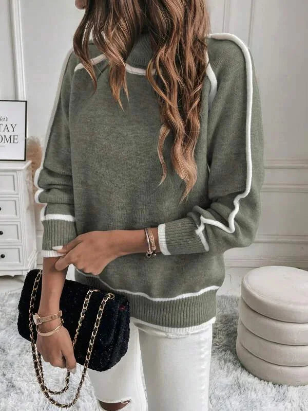 Olive Turtleneck Sweater for Women with White Accents