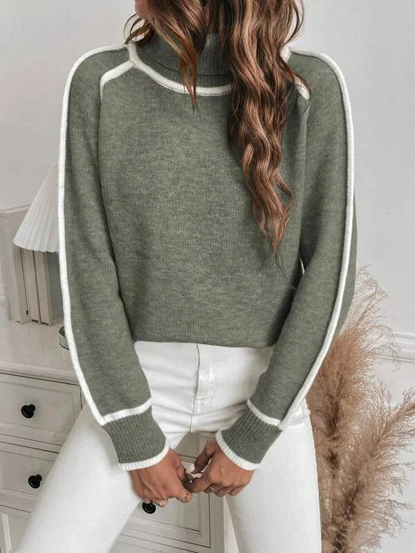 Olive Turtleneck Sweater for Women with White Accents