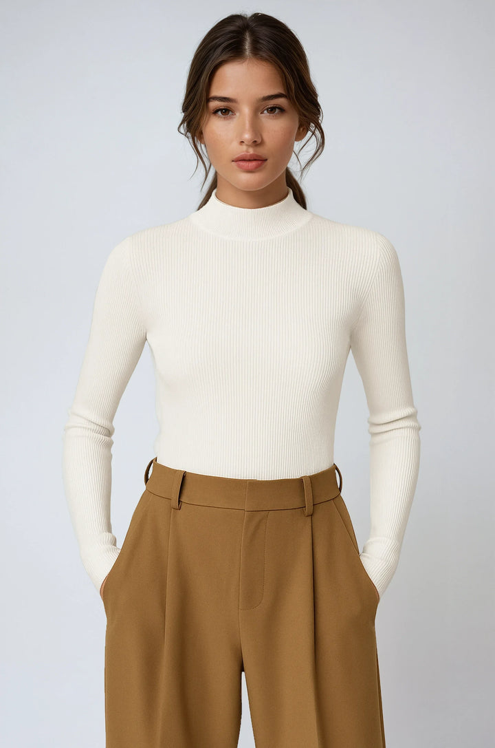 Ribbed Women's Turtleneck Sweater in Ivory