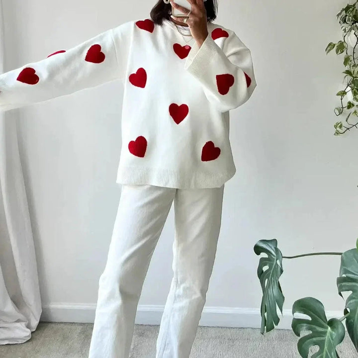 Casual Women's Sweater with Red and White Heart Pattern