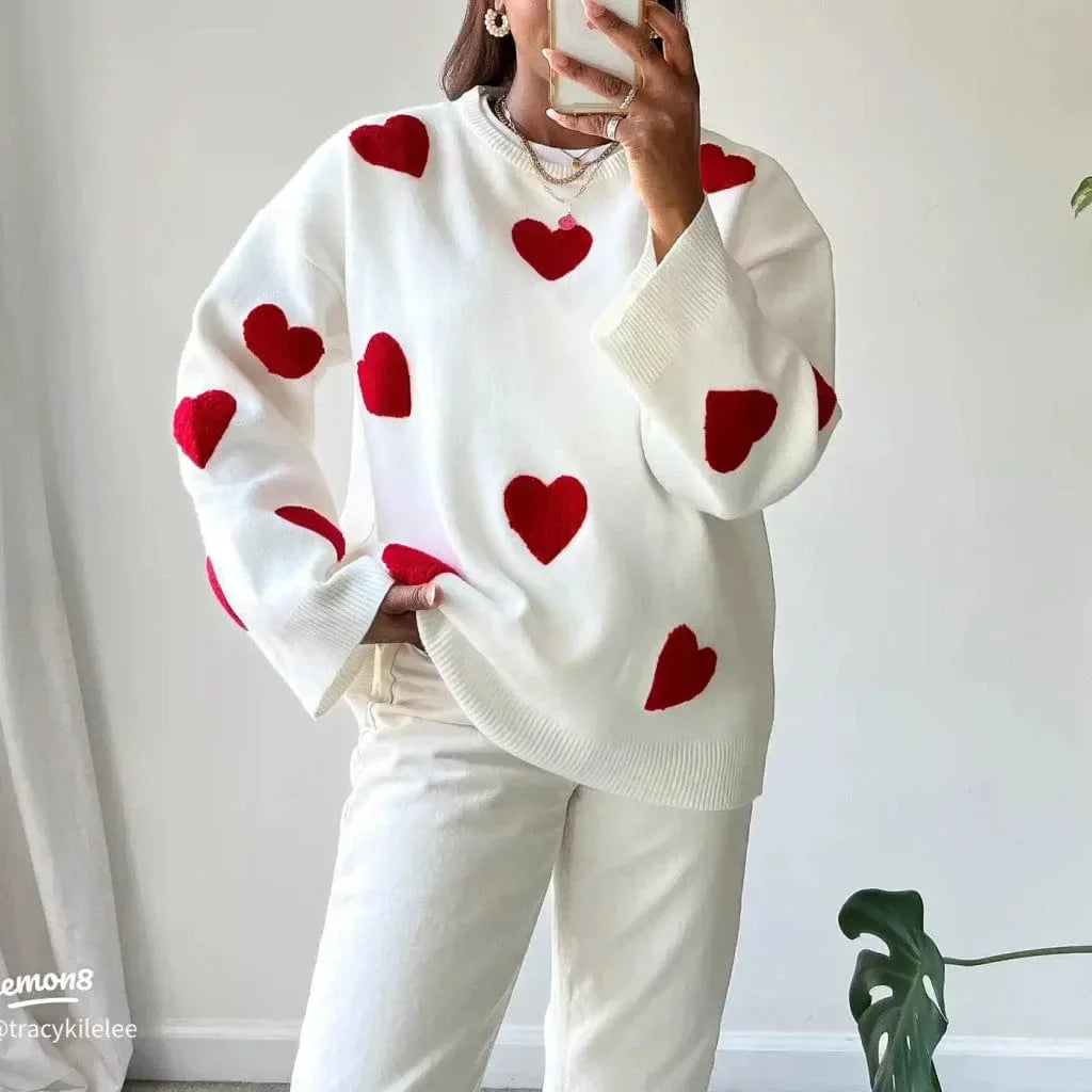Casual Women's Sweater with Red and White Heart Pattern