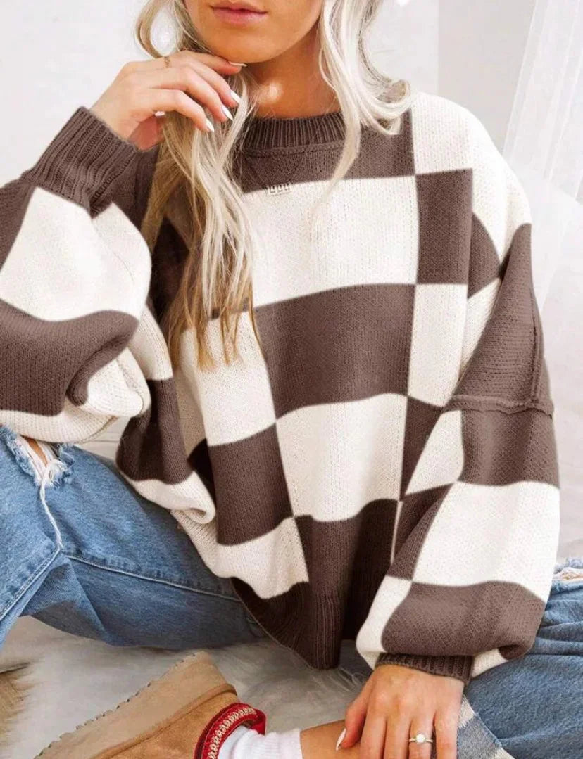 Women's Soft and Comfortable Checked Knit Sweater