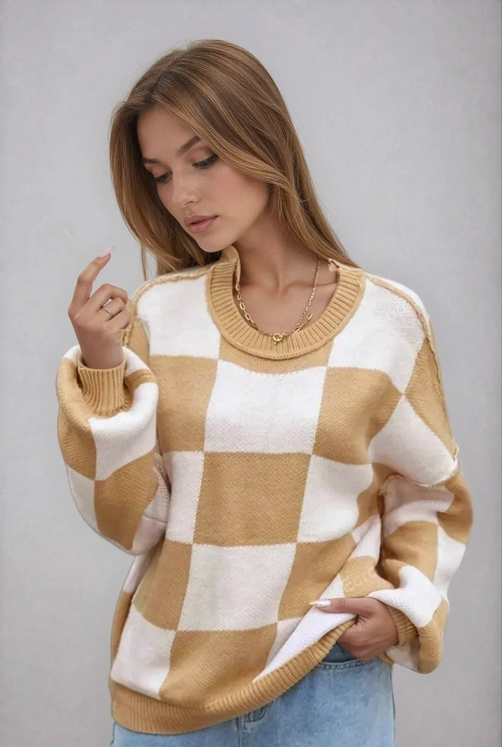 Women's Soft and Comfortable Checked Knit Sweater