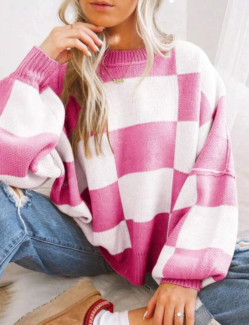 Women's Soft and Comfortable Checked Knit Sweater