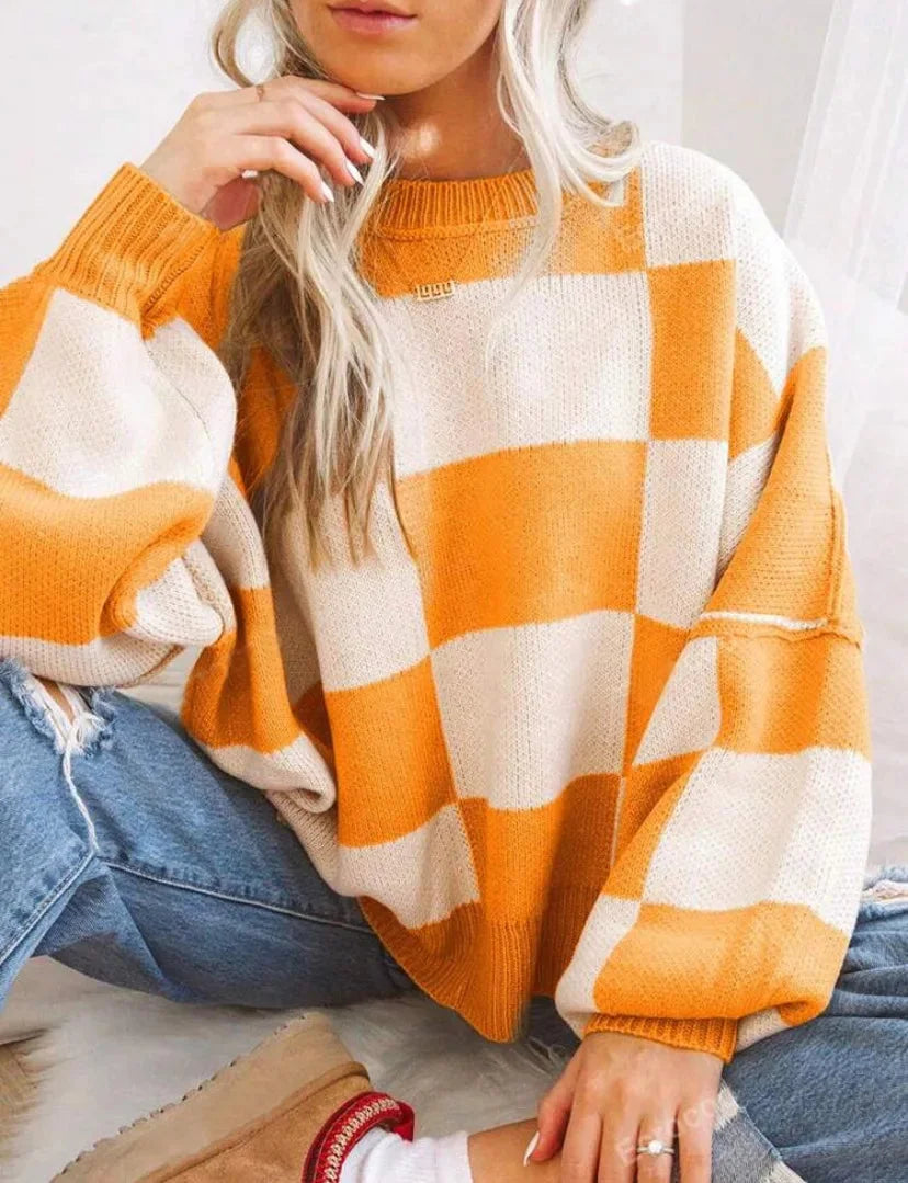 Women's Soft and Comfortable Checked Knit Sweater