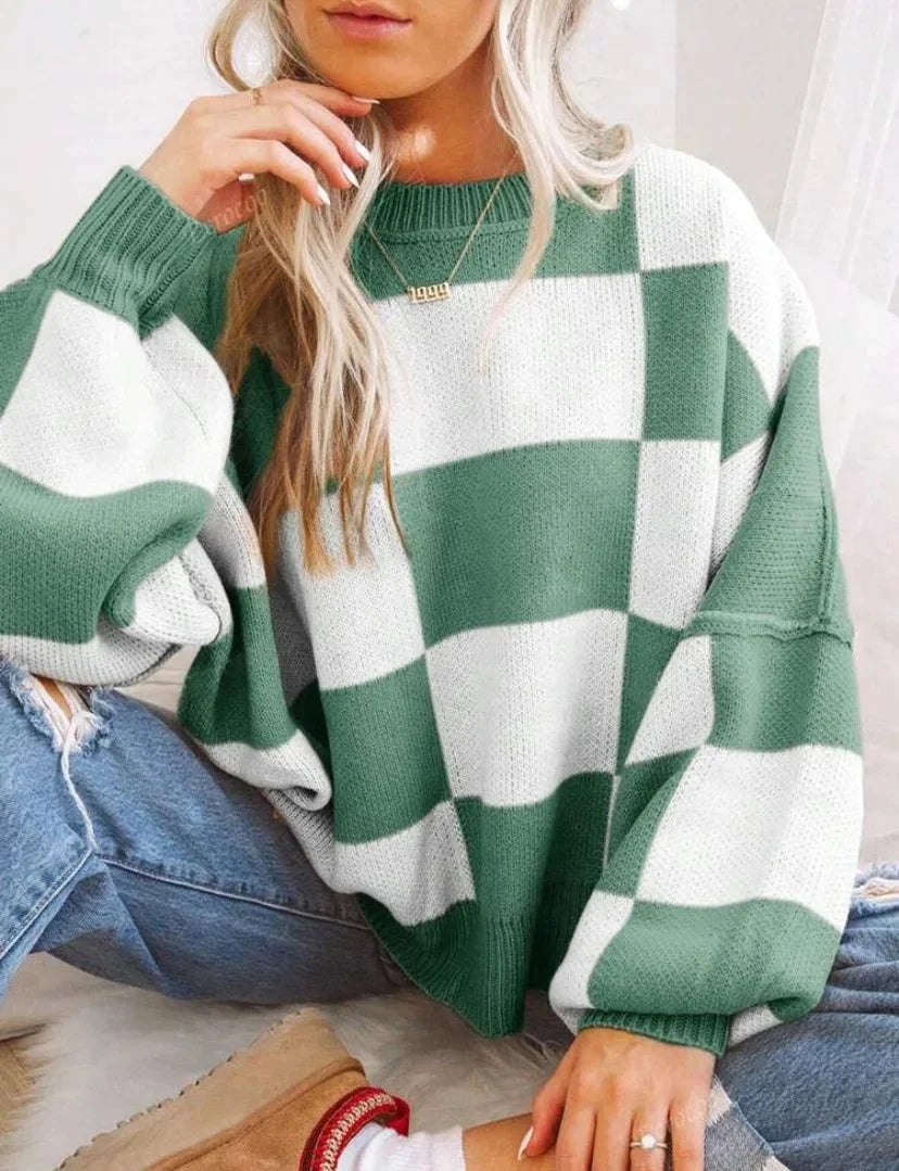 Women's Soft and Comfortable Checked Knit Sweater