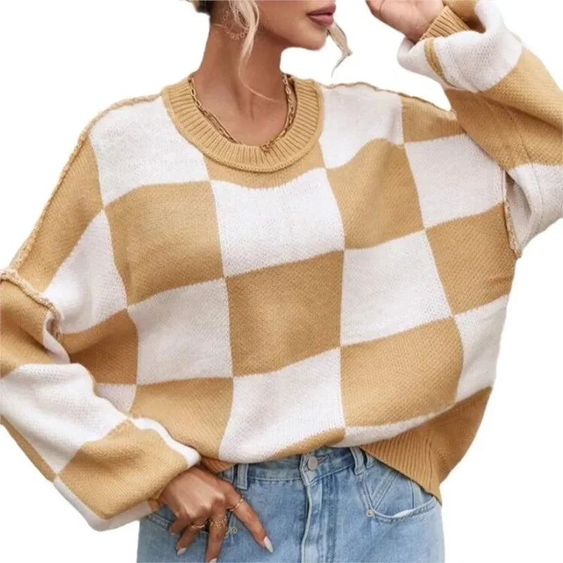 Women's Soft and Comfortable Checked Knit Sweater