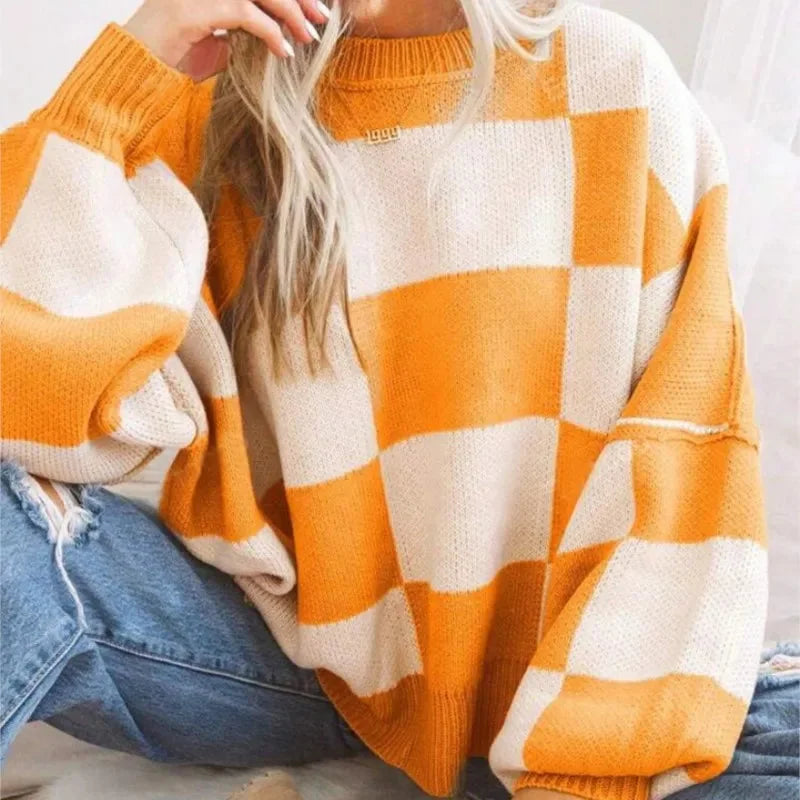 Women's Soft and Comfortable Checked Knit Sweater