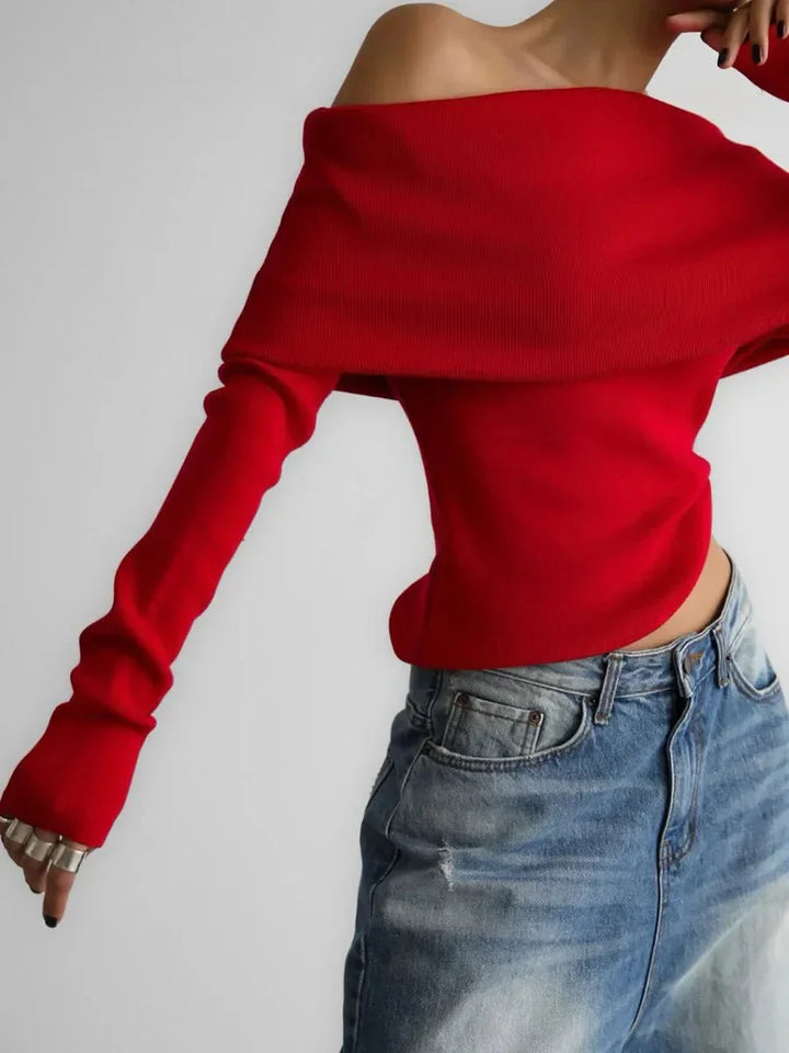 Women's Boat Neck Sweater with Long Sleeves - Elegant Style