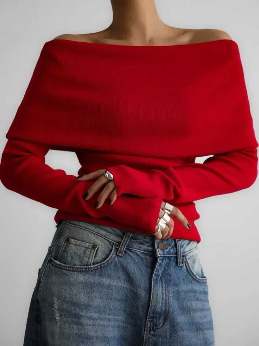 Women's Boat Neck Sweater with Long Sleeves - Elegant Style