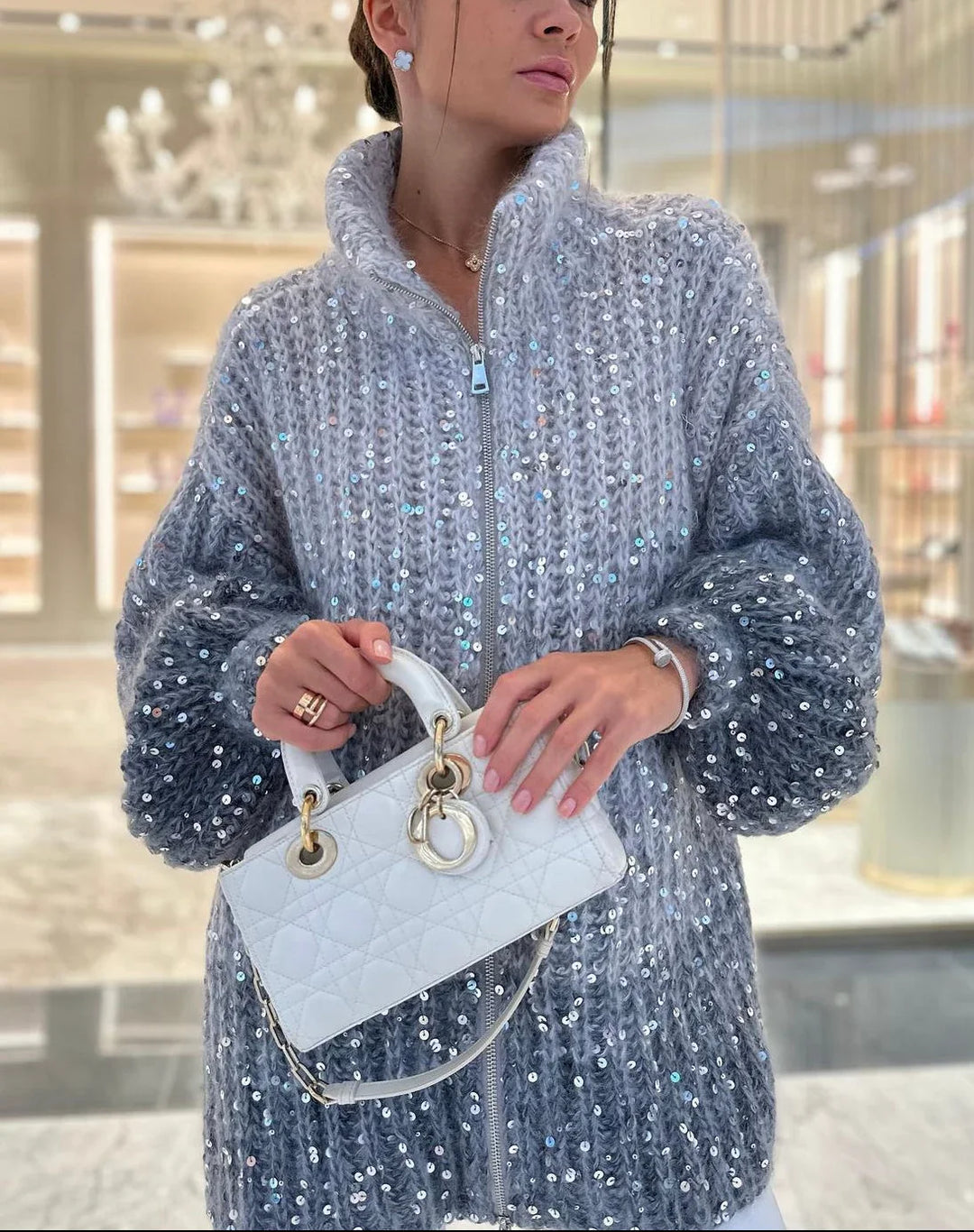 Women's Turtleneck Sweater with Shiny Sequins