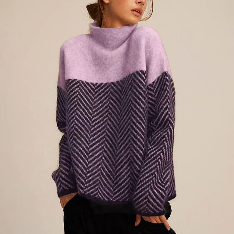 Women's Pullover with High Collar - Geometric Design Comfort