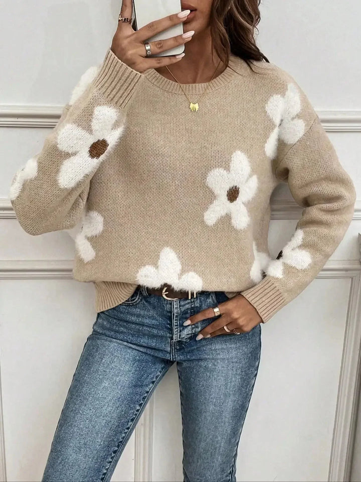 Women's Round Neck Sweater with Floral Pattern
