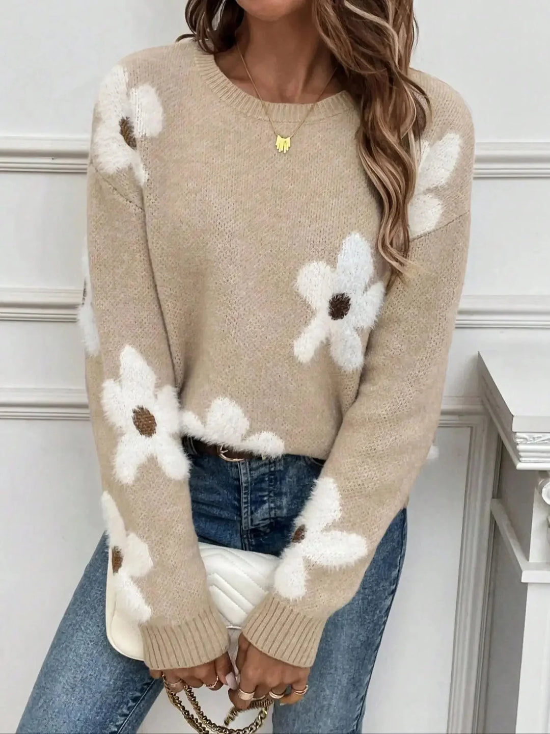 Women's Round Neck Sweater with Floral Pattern