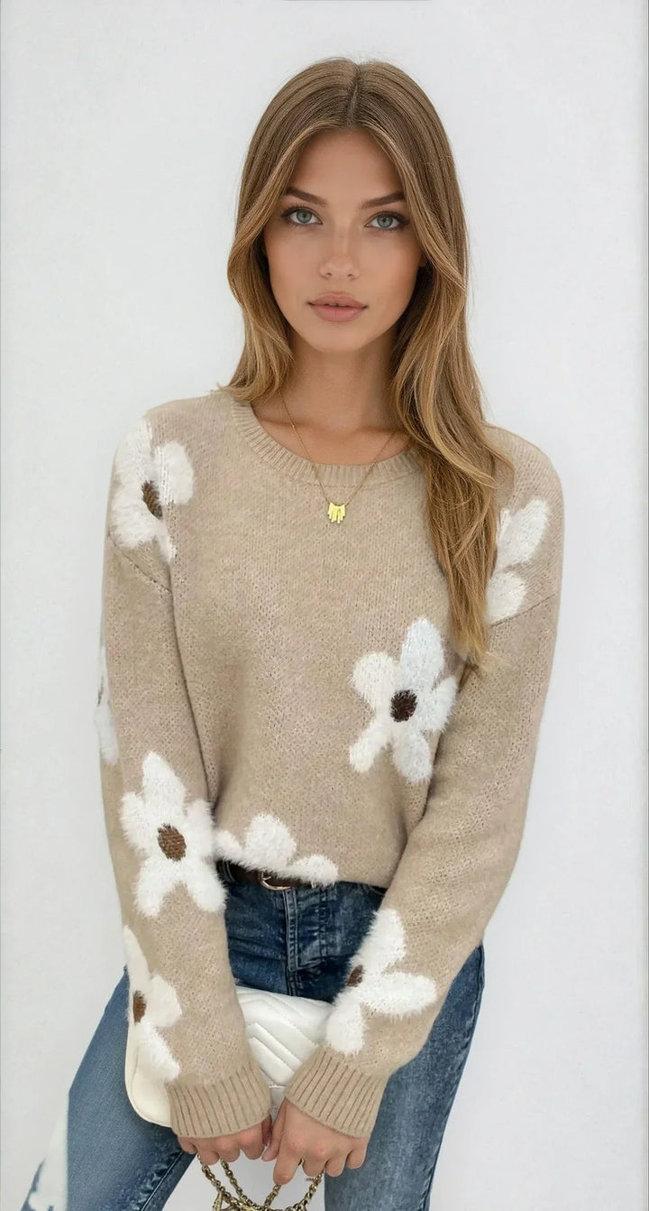 Women's Round Neck Sweater with Floral Pattern