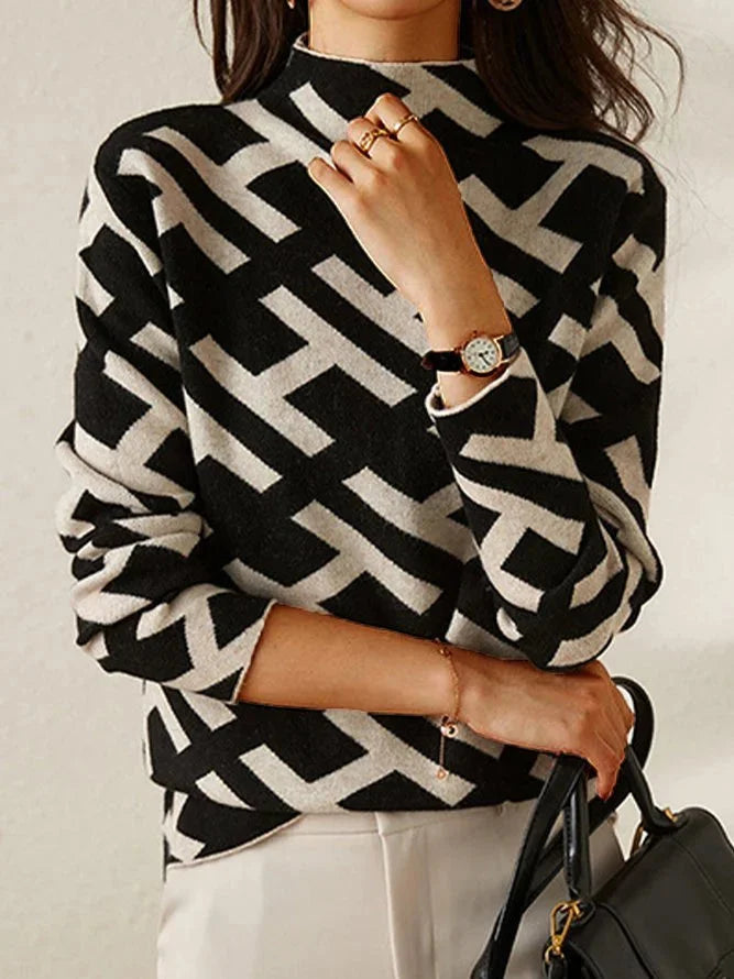 Casual Black and White Geometric Pattern Sweater