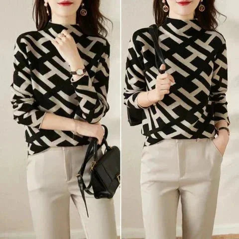 Casual Black and White Geometric Pattern Sweater