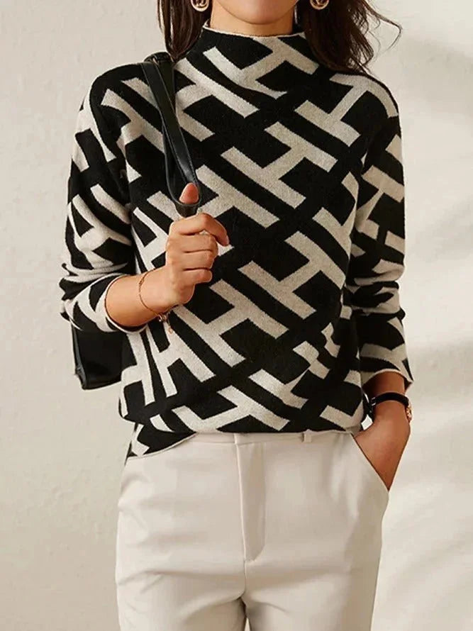 Casual Black and White Geometric Pattern Sweater