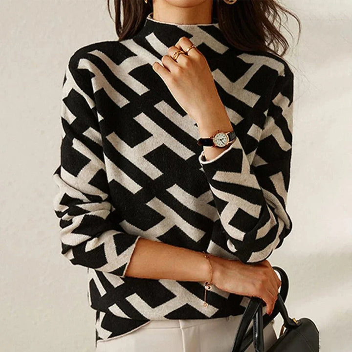 Casual Black and White Geometric Pattern Sweater