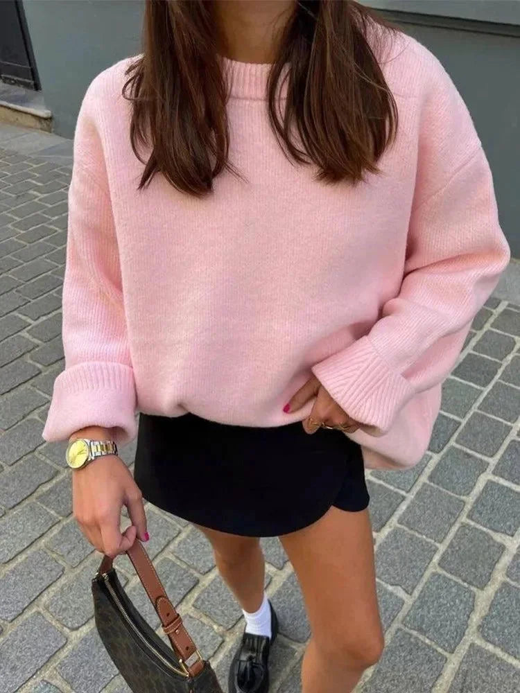 Women's Oversized Soft Pink Sweater with Long Sleeves