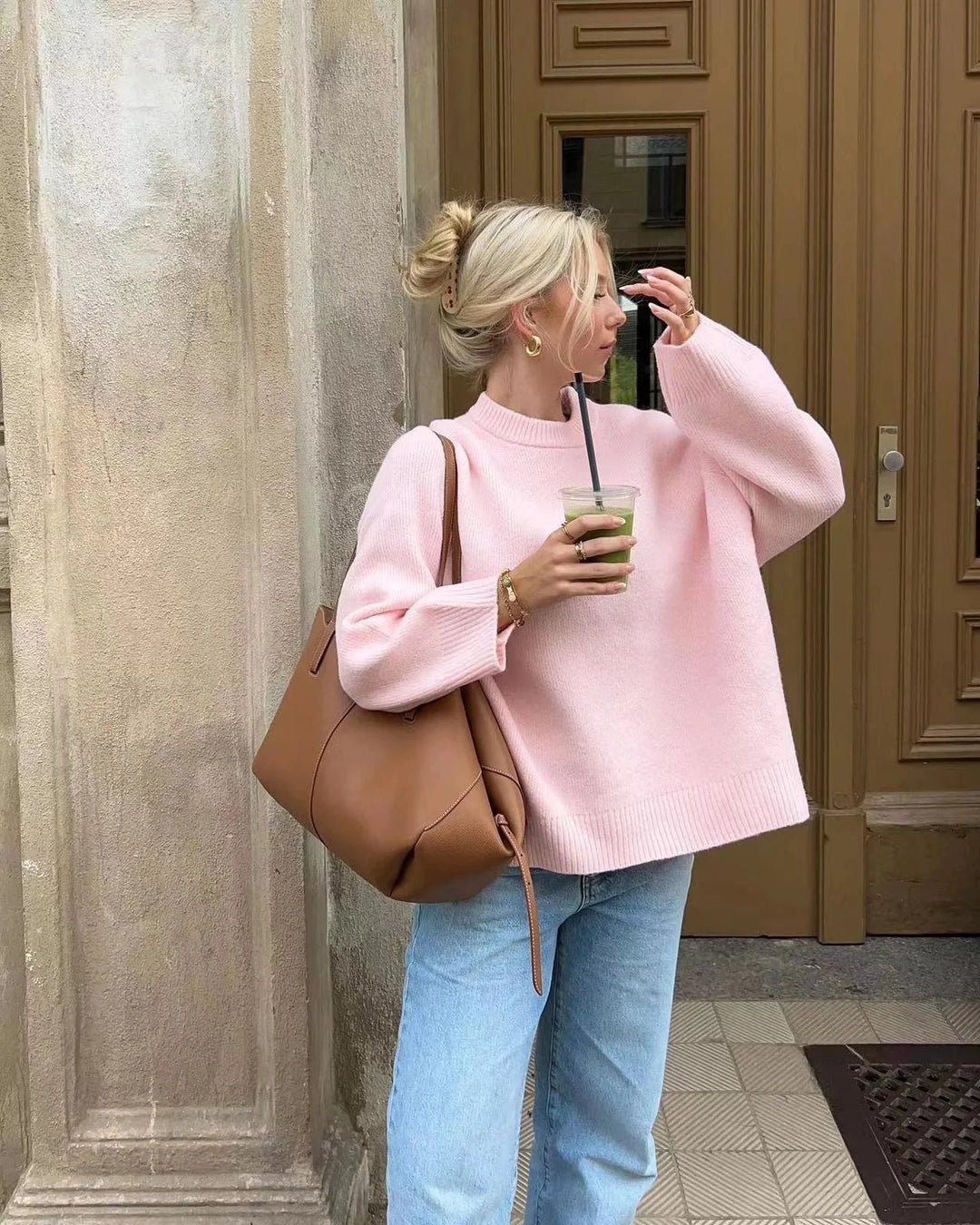 Women's Oversized Soft Pink Sweater with Long Sleeves