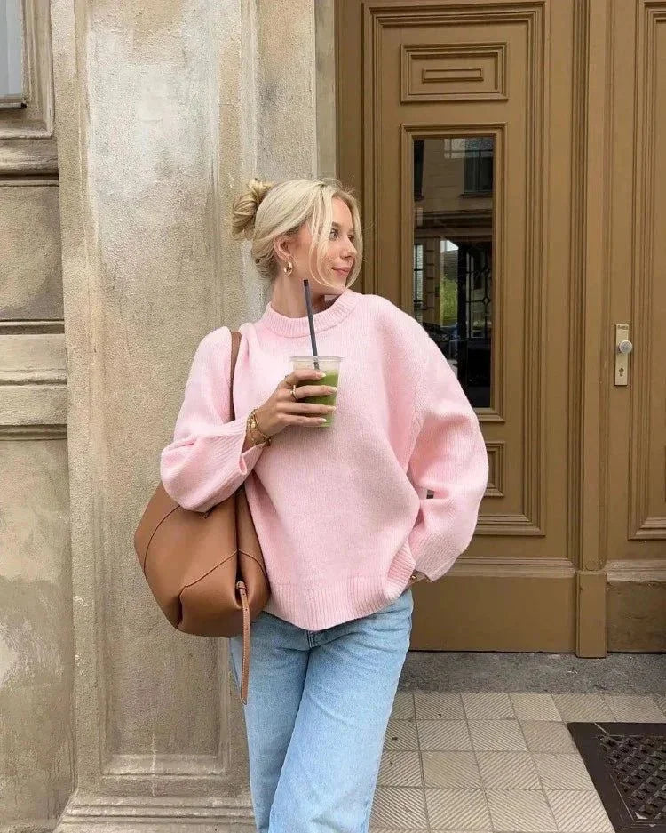 Women's Oversized Soft Pink Sweater with Long Sleeves