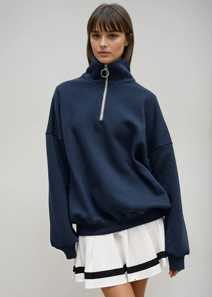 Navy Zip-Up Sweater with Relaxed Fit