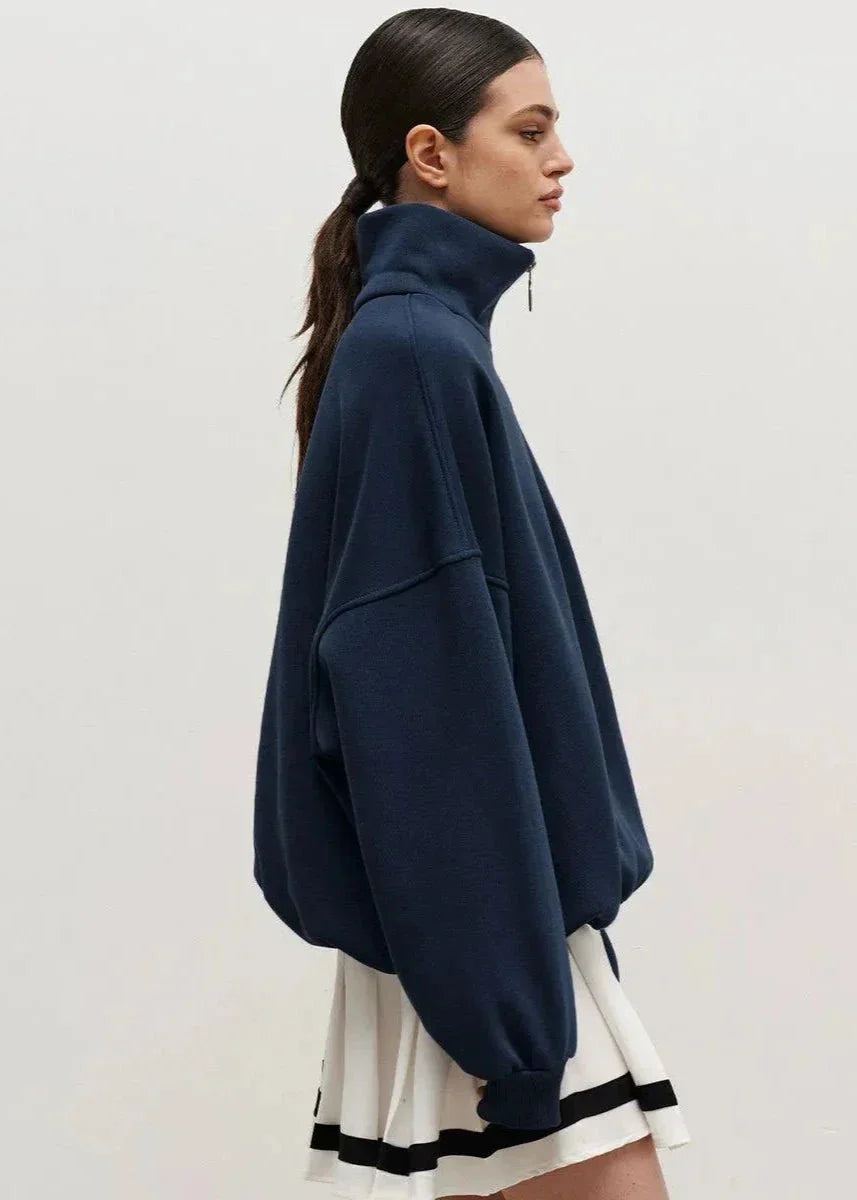Navy Zip-Up Sweater with Relaxed Fit