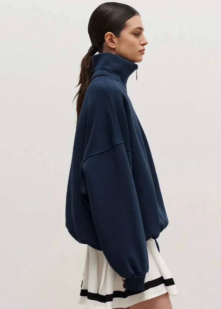 Navy Zip-Up Sweater with Relaxed Fit