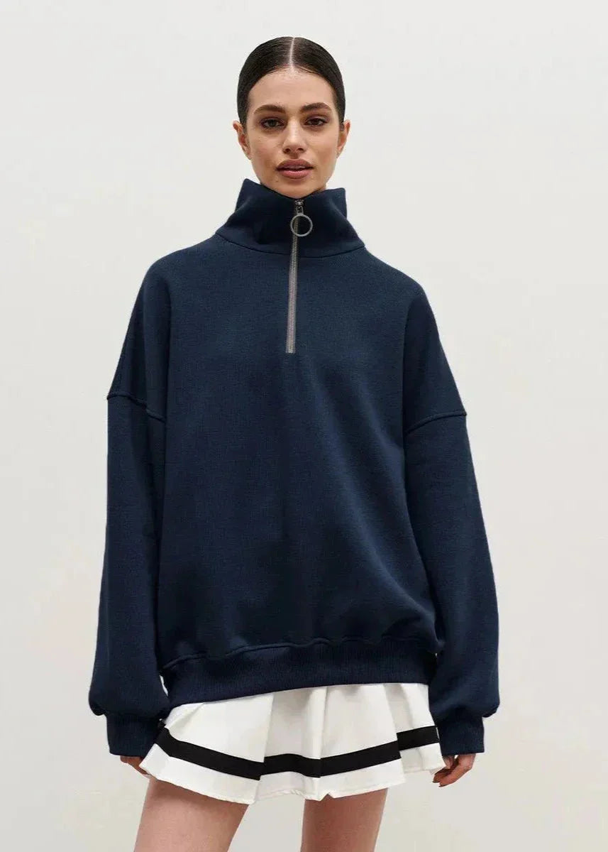 Navy Zip-Up Sweater with Relaxed Fit