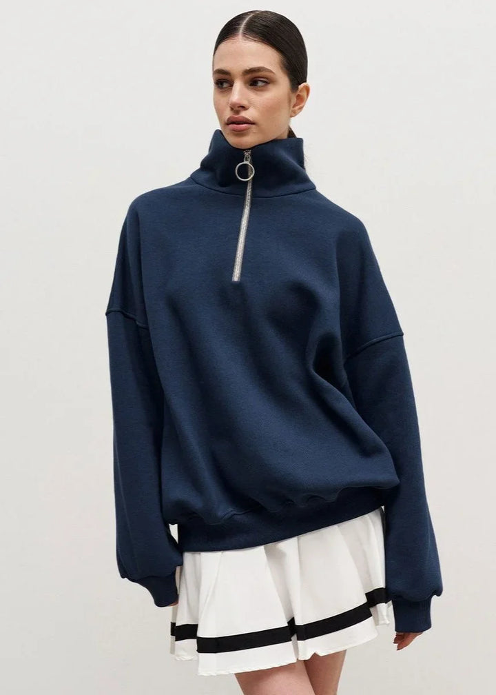 Navy Zip-Up Sweater with Relaxed Fit