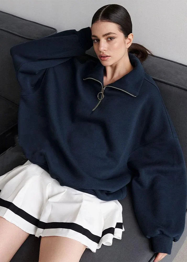 Navy Zip-Up Sweater with Relaxed Fit