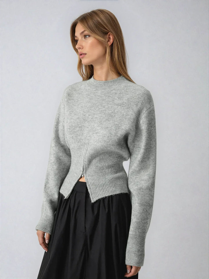 Gray women's sweater with half-zip and long sleeves