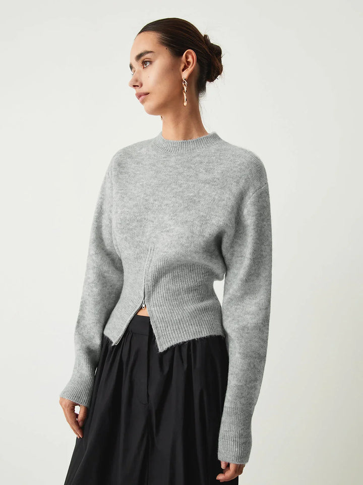 Gray women's sweater with half-zip and long sleeves