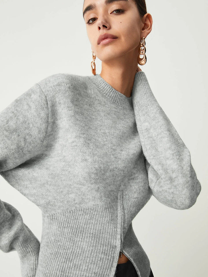 Gray women's sweater with half-zip and long sleeves