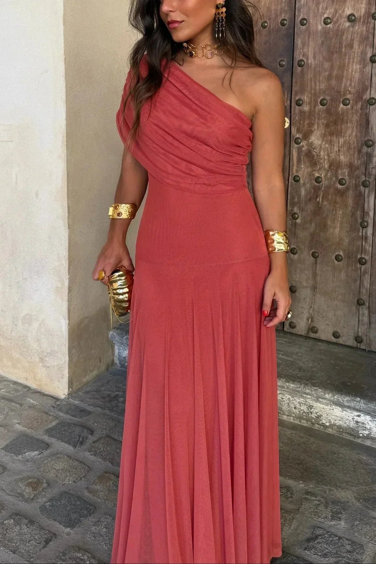Women's Pleated One-Shoulder Maxi Dress | Graceful Flowing Summer Dress