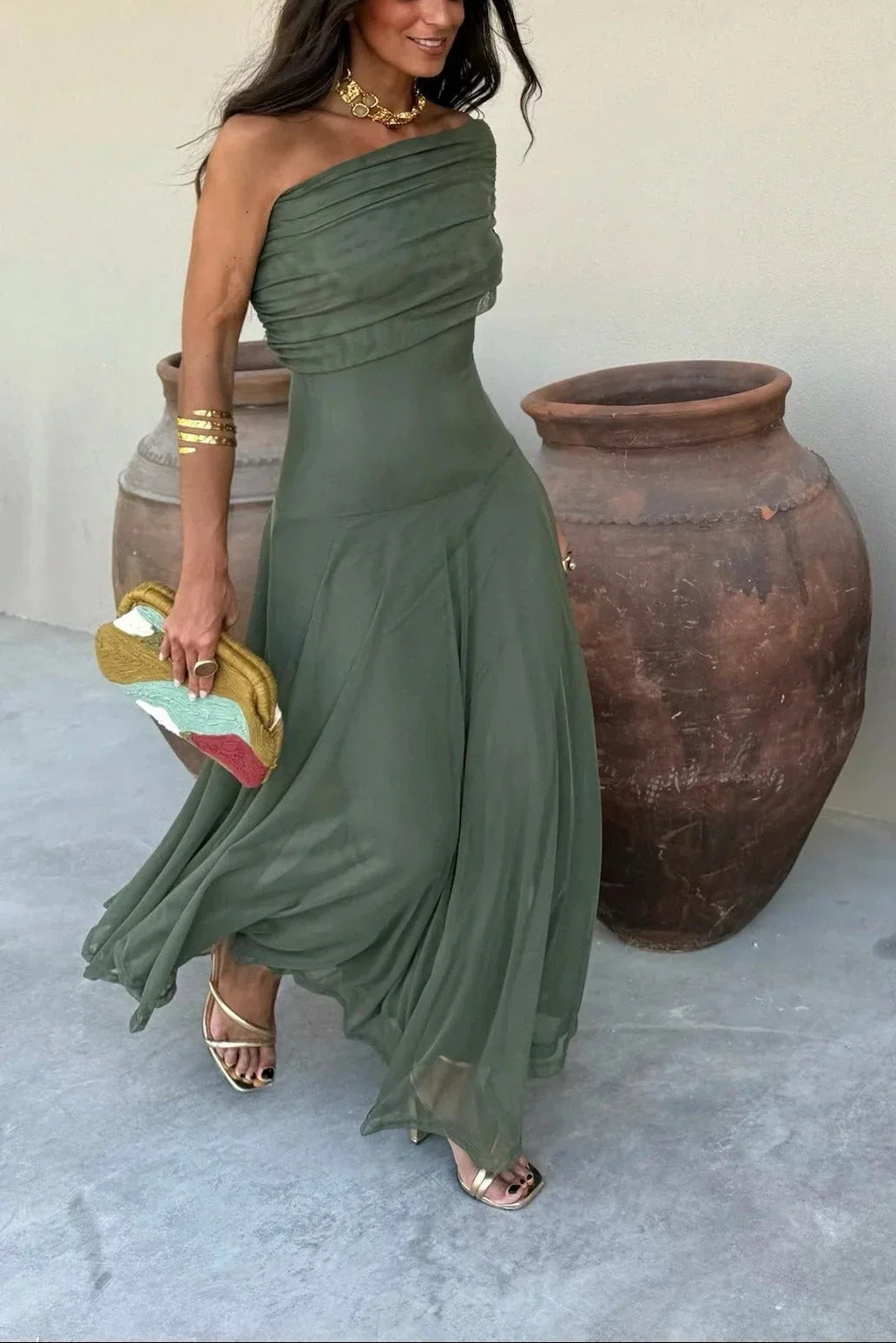 Women's Pleated One-Shoulder Maxi Dress | Graceful Flowing Summer Dress