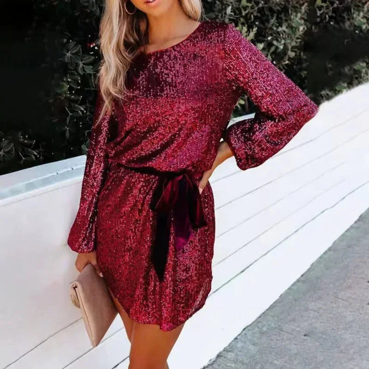 Short Sparkly Dress for Women with Balloon Sleeves and Belt