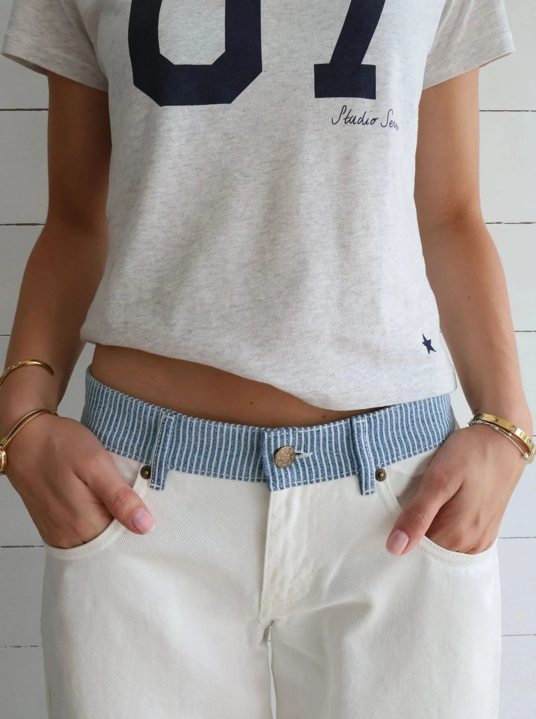 STELLA | Striped-Waist White Denim
