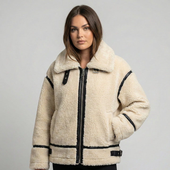 Beige Oversized Teddy Jacket for Women with Black Accents