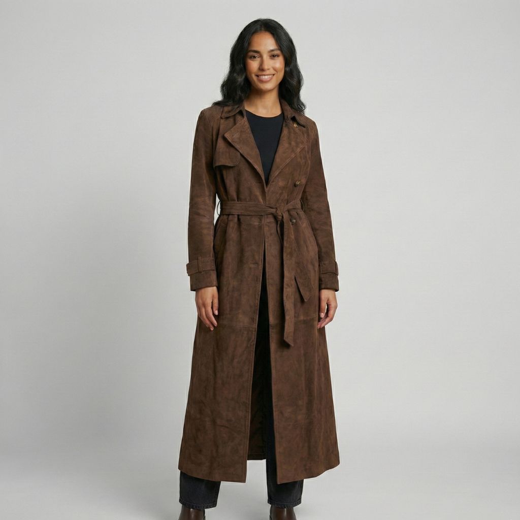 Brown women's trench coat with belt and lapels