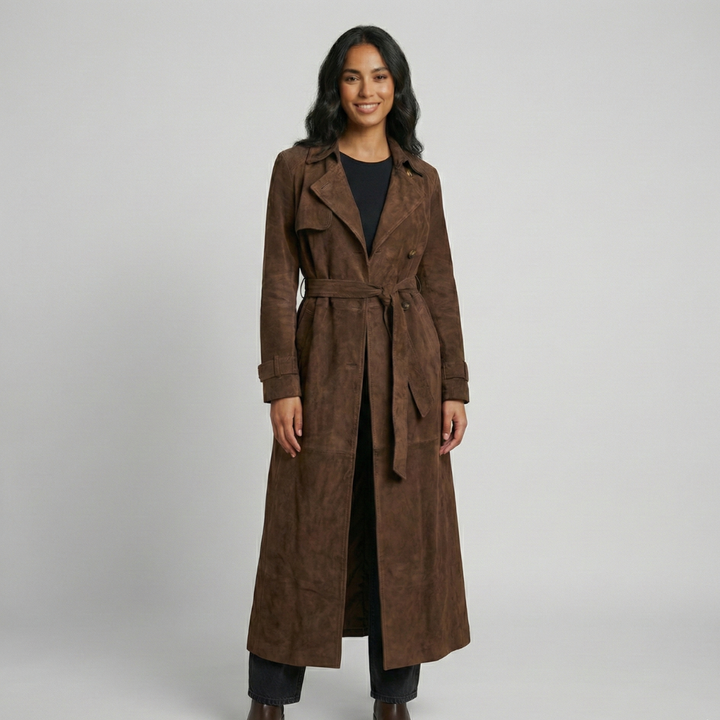 Brown women's trench coat with belt and lapels