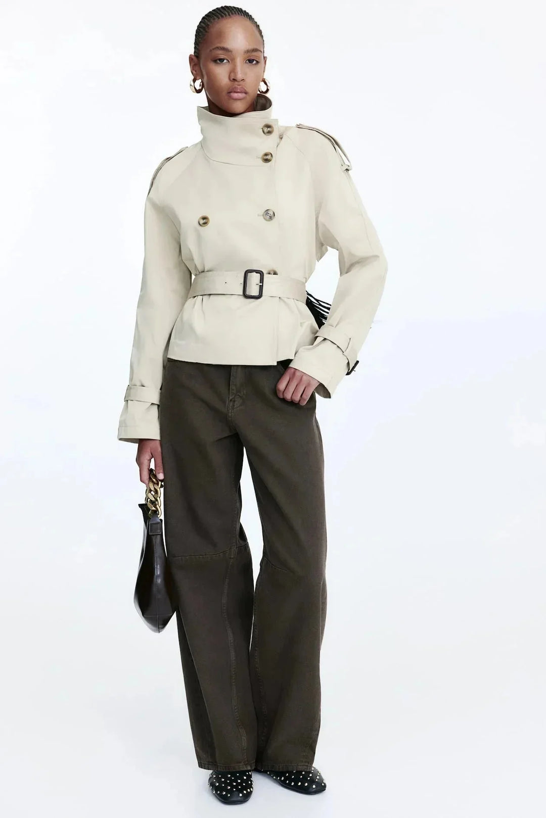 Women's Trench Coat with High Collar and Tied Belt