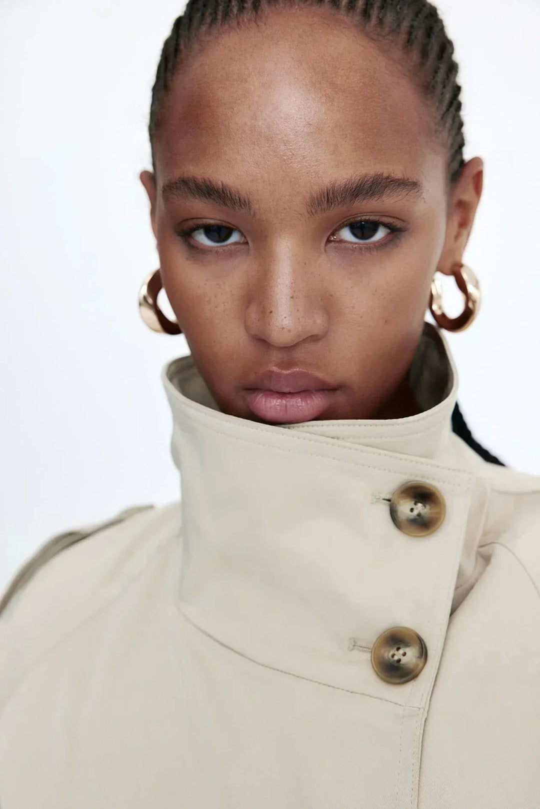 Women's Trench Coat with High Collar and Tied Belt